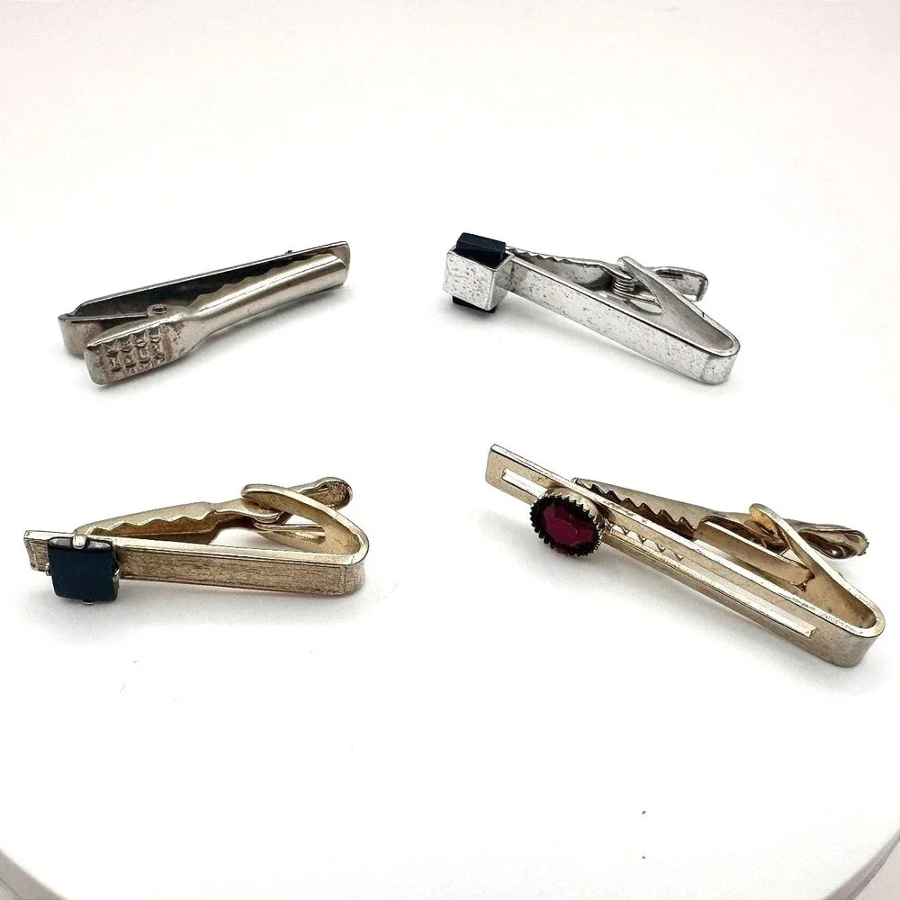 Vintage 80s Men's Tie Bar Clips Set Gold & Silver Tone Glass Stone Retro Jewelry